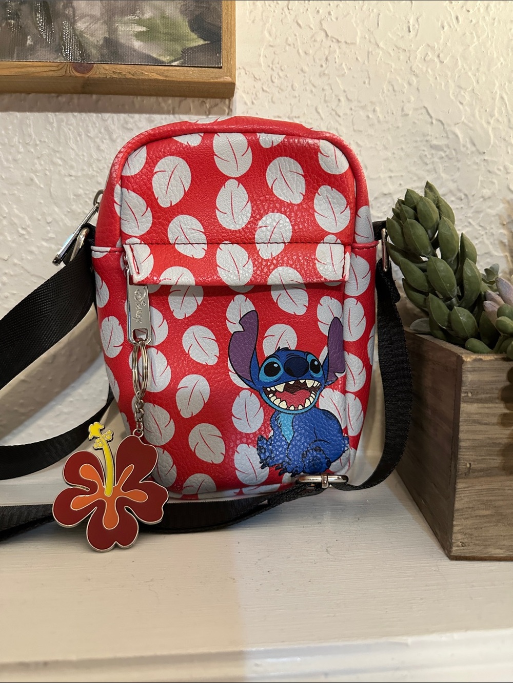 Disney Lilo & Stitch Crossbody Bag with White Leaf Print and Hibiscus Charm